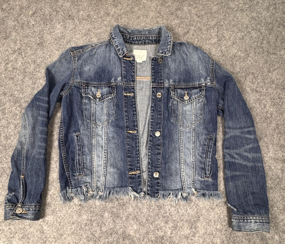 American Eagle Fringed Denim Jacket Medium Wash Cropped Jean Trucker Coat Boho S